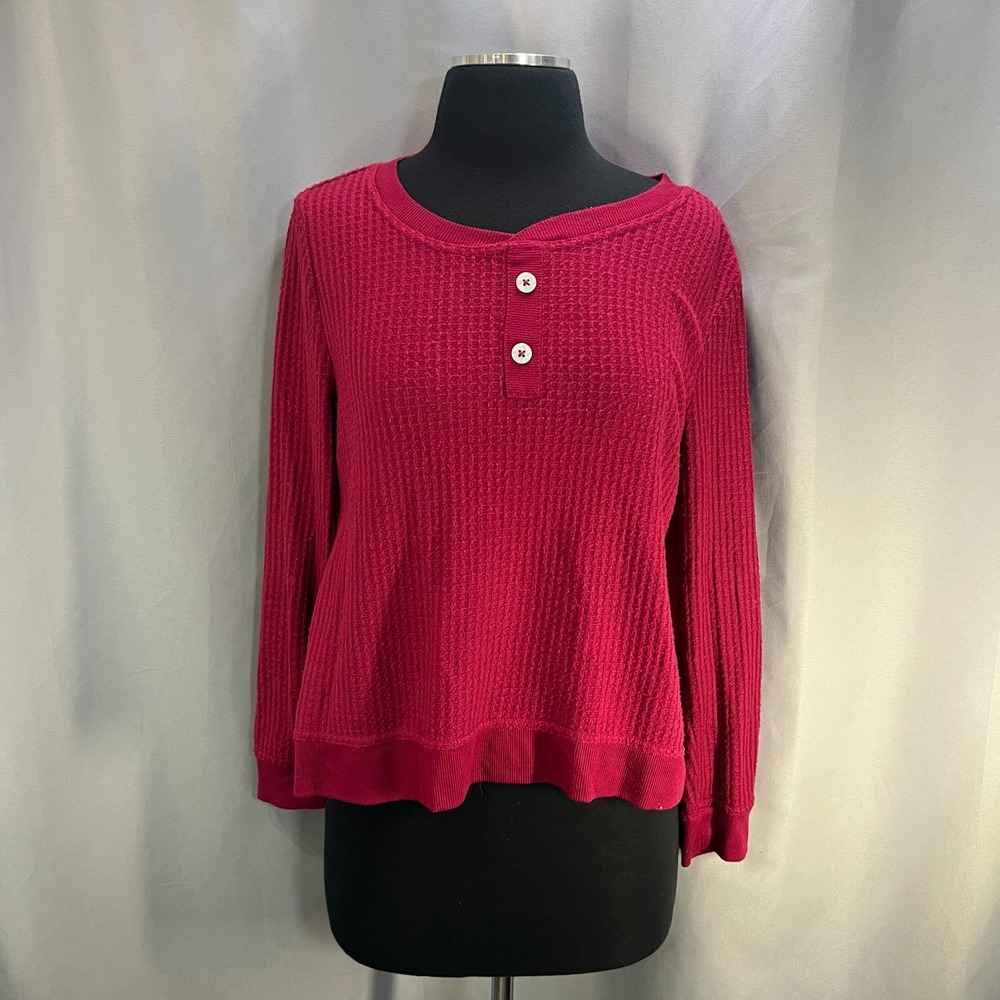 Alfani Henley T Shirt Womens Medium Burgundy Waffle Textured Knit Ribbed Trim